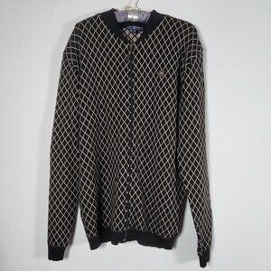 Paul Parker Mens XL Diamond Pattern Cardigan Sweater Black/Beige Full-Zip New